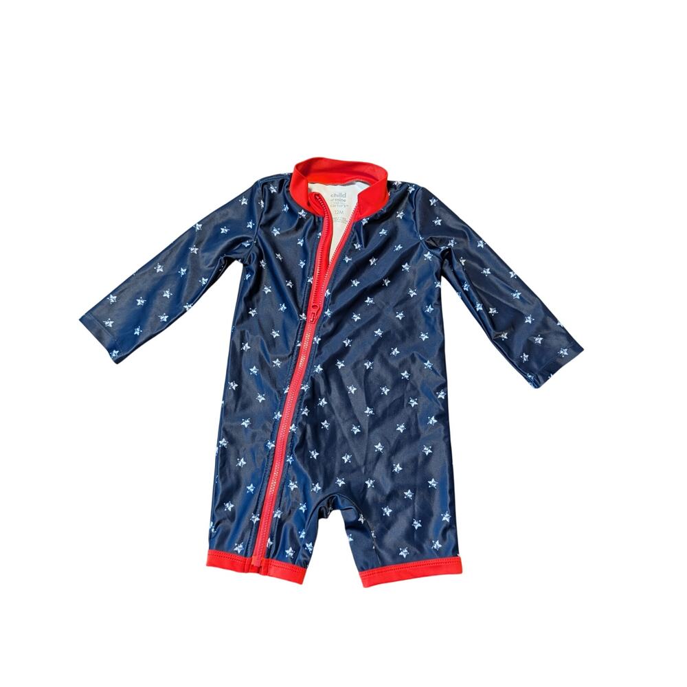 CARTERS boys swim suit, 12 mos; one piece; long sleeve; Stars; 4th of july